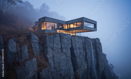 modern house on the edge of a cliff is lit up at night. The house is made of concrete and glass. The surrounding area is foggy.