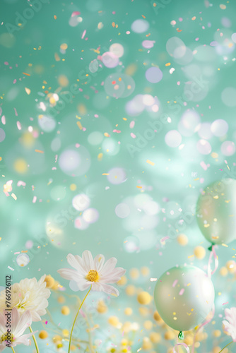 summer flowers, balloons, blured confetti floating on a pastel green background, summertime party festive background 