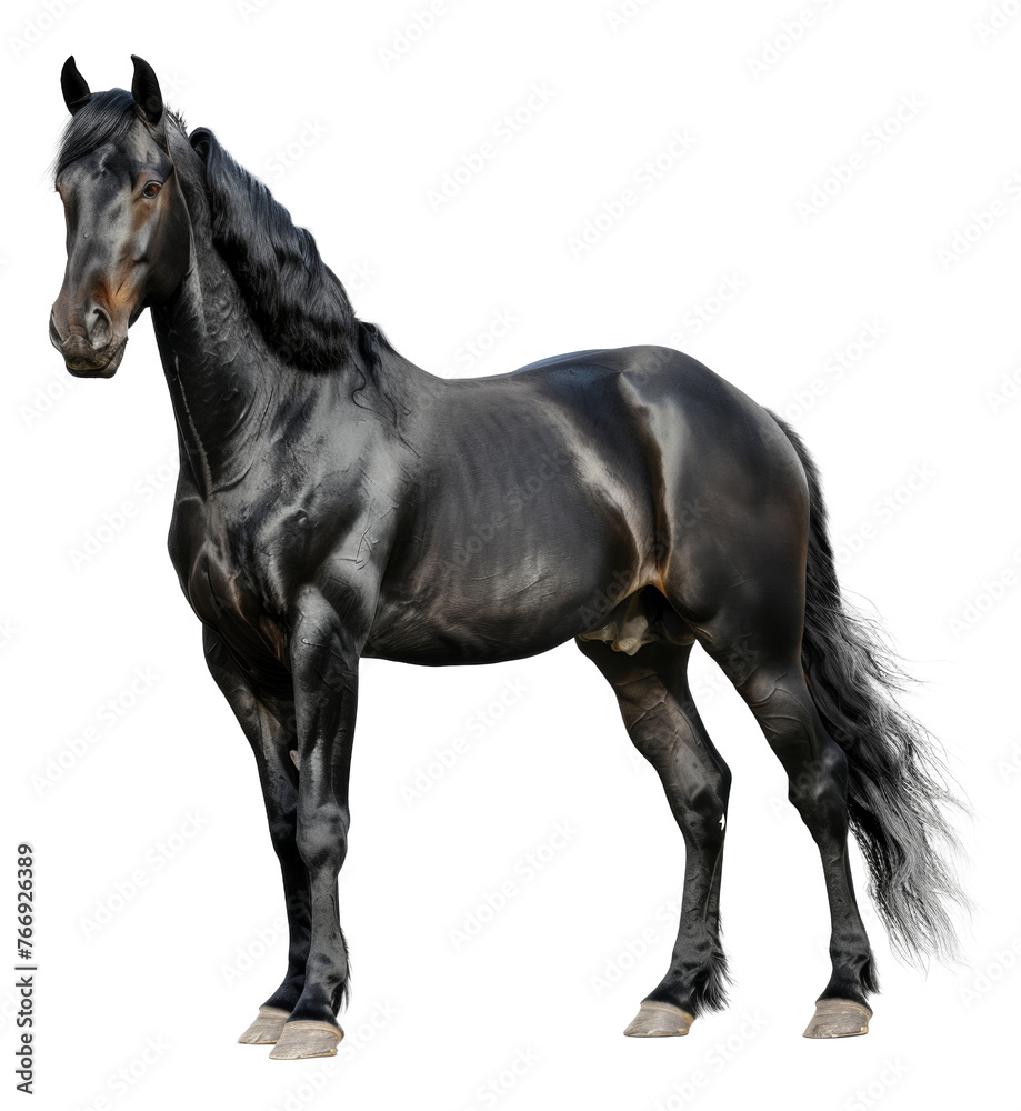 Majestic black horse galloping freely on transparent background - stock png.