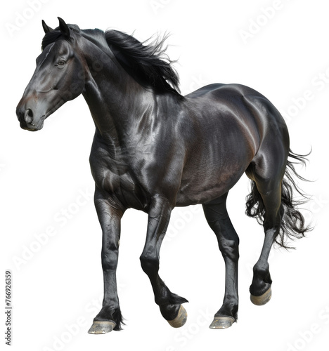 Majestic black horse galloping freely on transparent background - stock png.