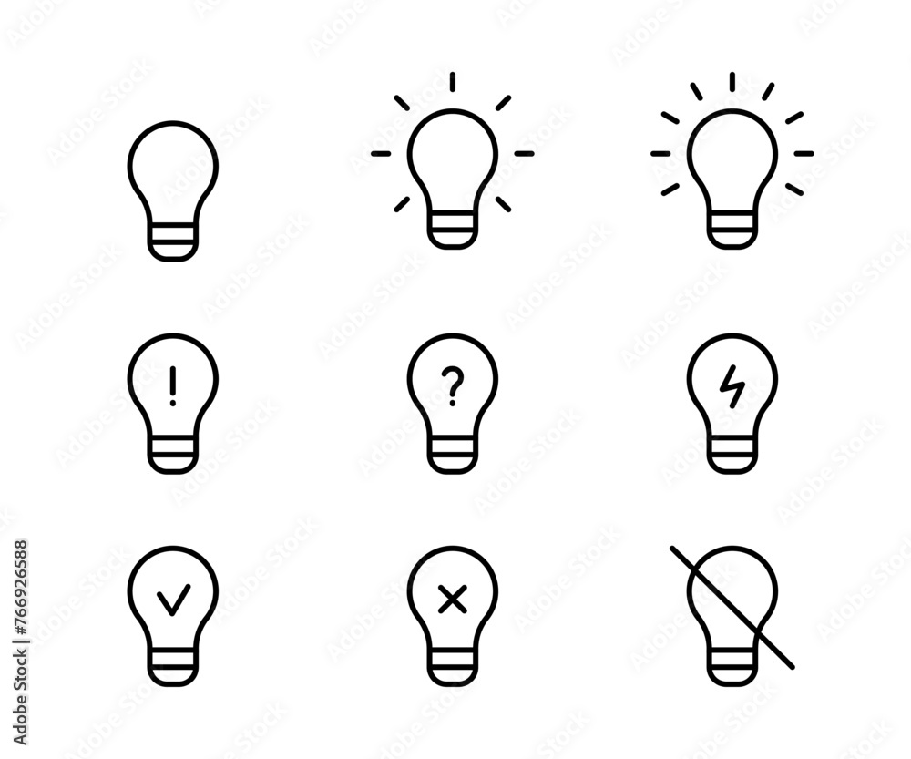 Bulb light different, line icon set. Light bulb symbol as idea concept sign. Lamp simple outline. Vector illustration Bulb light different, line icon set. Light bulb symbol as idea concept sign. Lamp simple outline. Vector illustration