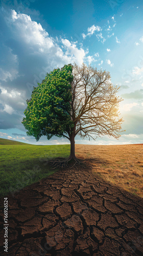 View of a tree divided into two parts, one with green leaves on a grassy field and the other with dry and leafless branches on a dry ground as a symbol of the danger of climate change