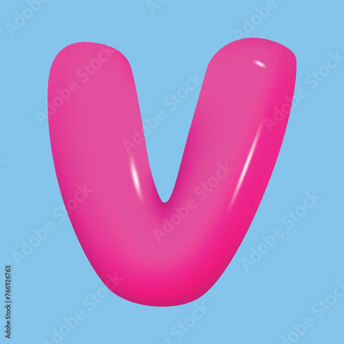 bubble font. glossy 3d pink super bubble font in plastic style. Alphabet font V. inflated balloon letters. trendy english type. realistic vector illustration