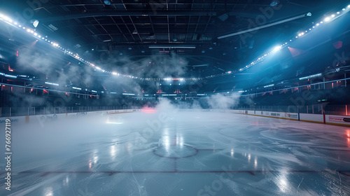 A hockey rink with a foggy atmosphere. The lights are on and the ice is wet