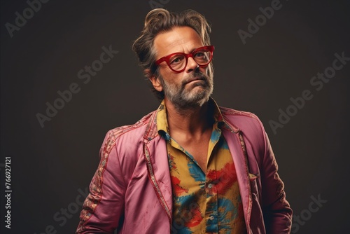 Handsome middle aged man wearing colorful clothes and glasses. Studio shot.