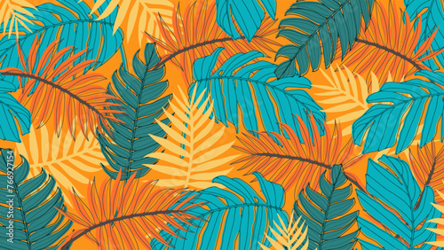 Summer bright tropical vector design with monstera leaves, fern and other tropical plants. Tropical background, wallpaper, postcard, poster, banner