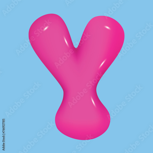 bubble font. glossy 3d pink super bubble font in plastic style. Alphabet font Y. inflated balloon letters. trendy english type. realistic vector illustration
