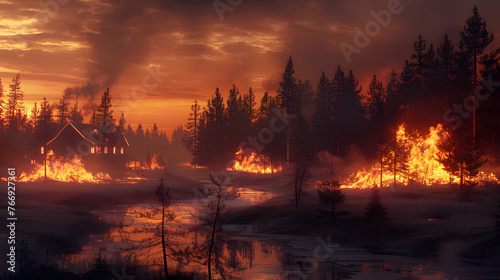 burning vilage in the evening burning forest. Photoreal photo