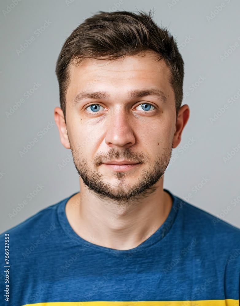 Obraz premium ID Photo: Ukrainian Man in Ukrainian Flag-inspired T-shirt for Passport 03