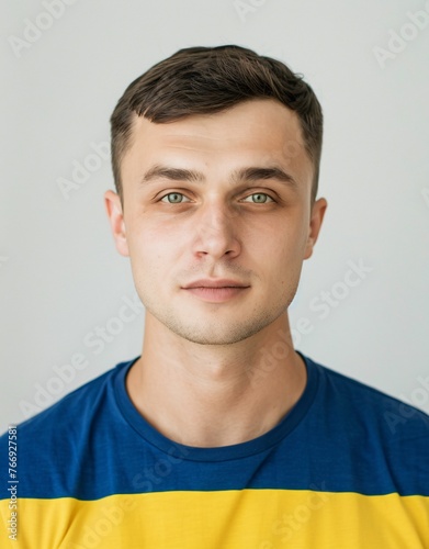ID Photo: Ukrainian Man in Ukrainian Flag-inspired T-shirt for Passport 01