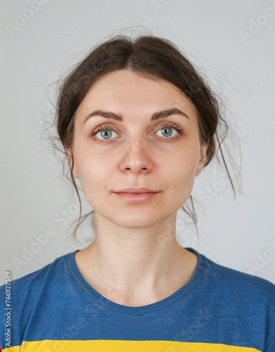 ID Photo: Ukrainian Woman in Ukrainian Flag-inspired T-shirt for Passport 01