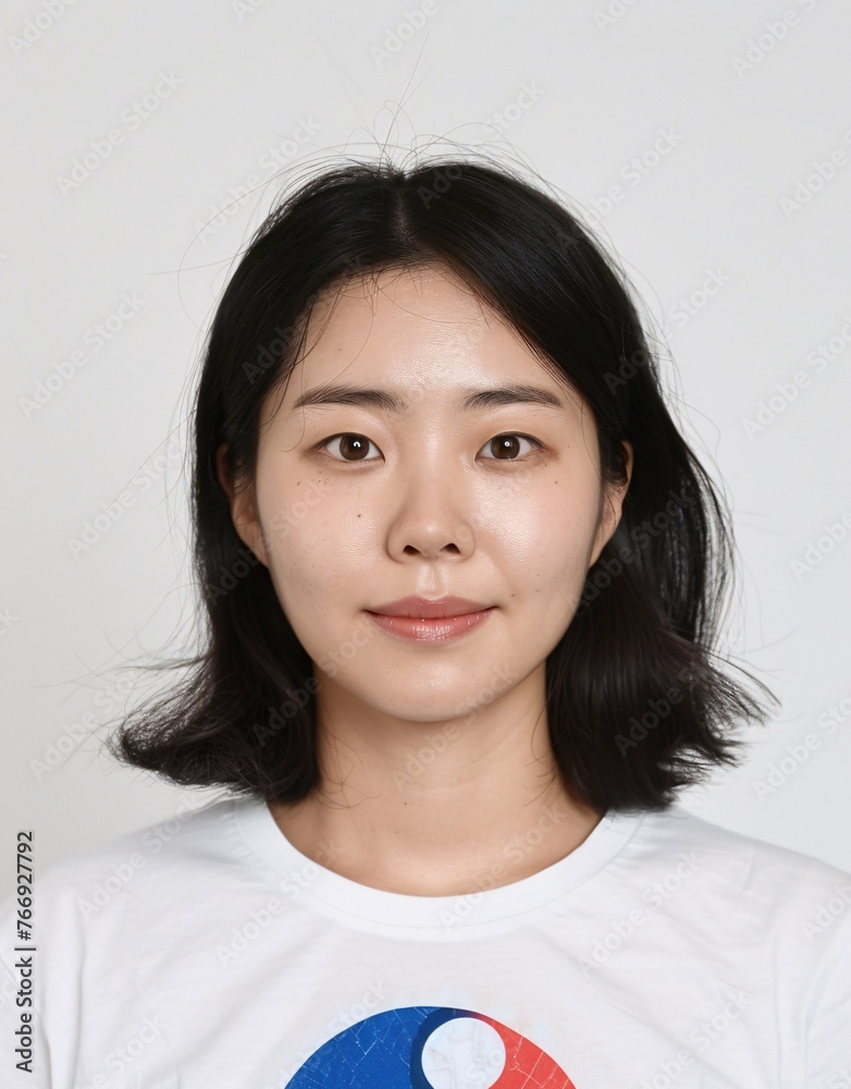 ID Photo: South Korean Woman in South Korean Flag-inspired T-shirt for Passport 01 ID Photo: South Korean Woman in South Korean Flag-inspired T-shirt for Passport 01