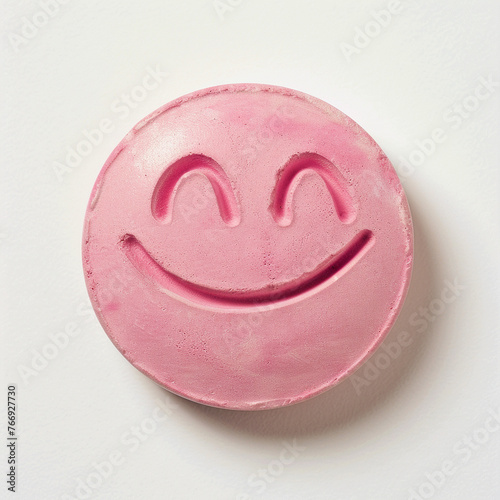 smiley, pink pill, drugcore, in the style of contemporary candy-coated