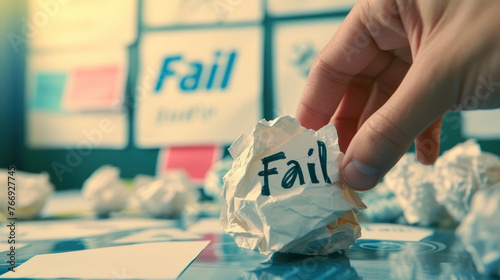 A hand is reaching for a piece of paper with the word Fail written on it. Concept of failure or disappointment, as the person is trying to pick up the paper that represents a negative outcome