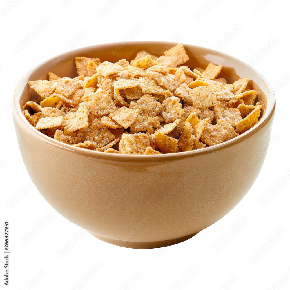 Bowl of crispy wheat cereal squares, cut out - stock png. Bowl of crispy wheat cereal squares, cut out - stock png.