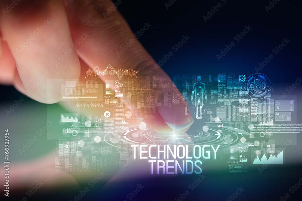 Finger touching tablet with web technology icons concept Finger touching tablet with web technology icons concept