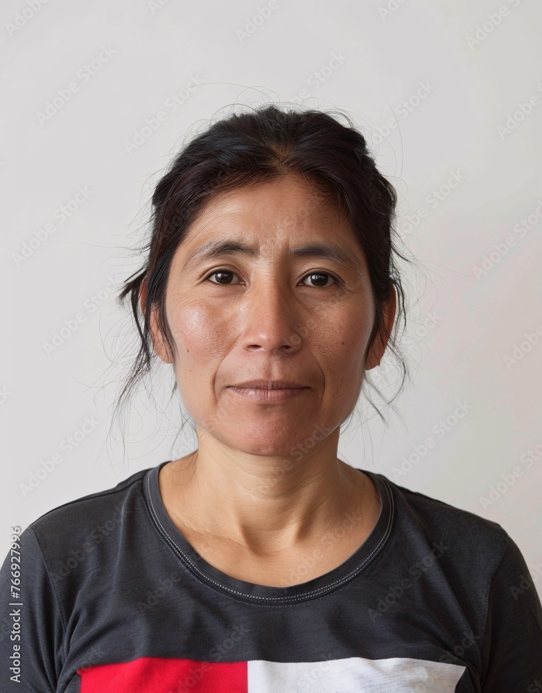 ID Photo: Peruvian Woman in Peruvian Flag-inspired T-shirt for Passport 02 ID Photo: Peruvian Woman in Peruvian Flag-inspired T-shirt for Passport 02