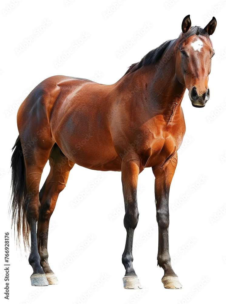 Fototapeta premium Brown horse with white forehead standing, cut out - stock png.