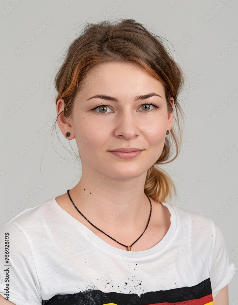 ID Photo: German Woman in German Flag-inspired T-shirt for Passport 03 ID Photo: German Woman in German Flag-inspired T-shirt for Passport 03