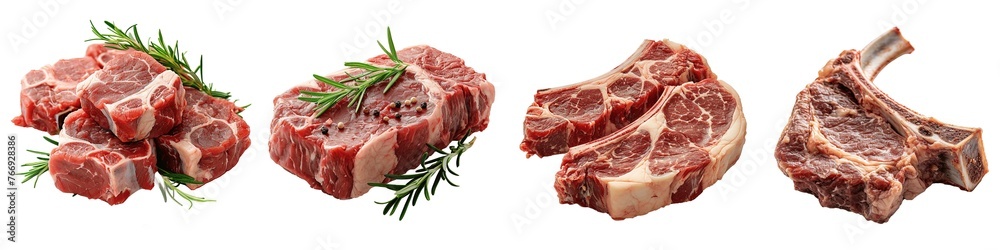 Set of raw lamb chops isolated on transparent background