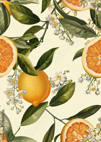 A vintage print of bergamot, lemon, grapefruit, Lilly of the valley photo