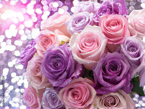 Purple and pink rose bouquets with silver glitter in the background