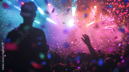 Concert crowd with colorful stage lights and confetti backlighting people silhouette