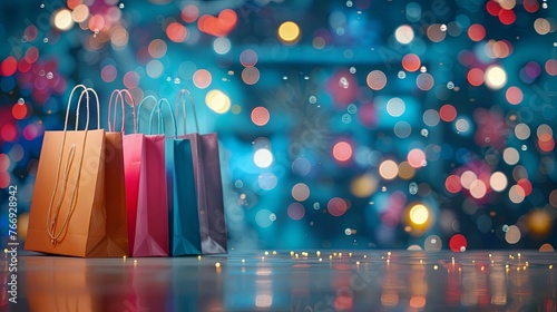 Colorful shopping bags on sparkling background with bokeh lights. © EnelEva