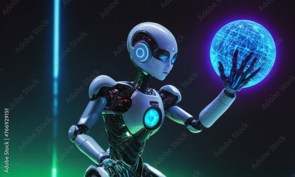 A sleek, female-designed robot interacts with a glowing digital globe, amidst a backdrop of neon lights. The image encapsulates a fusion of technology and digital interconnectedness. AI generation A sleek, female-designed robot interacts with a glowing digital globe, amidst a backdrop of neon lights. The image encapsulates a fusion of technology and digital interconnectedness. AI generation