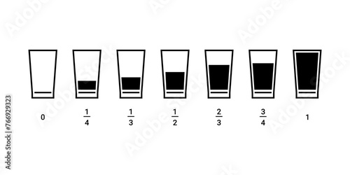 Glasses of water with different fraction measure, icon set. Simple signs different levels of water. Full, half full, empty glass. Vector illustration