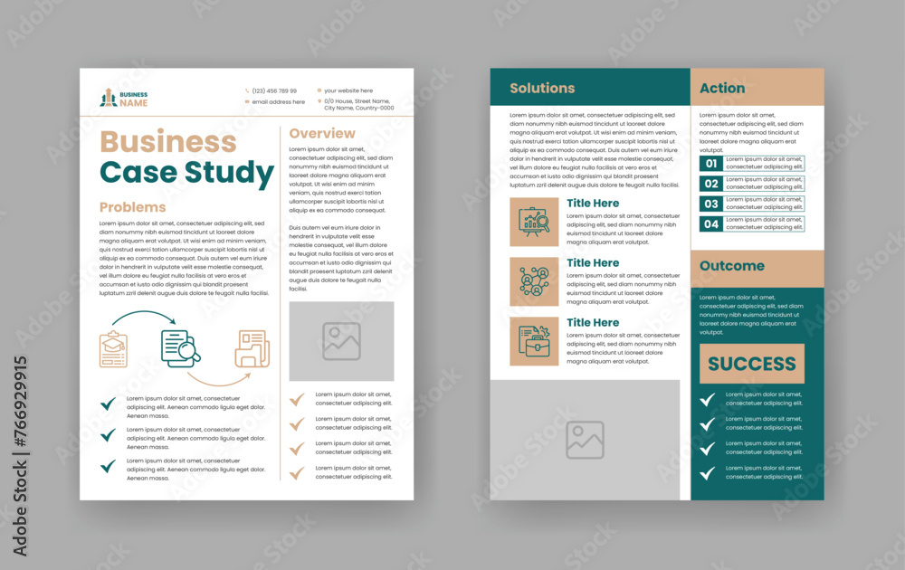 Case Study Layout Flyer. Minimalist Business Report with Simple Design. Green and Beige Color Accent.