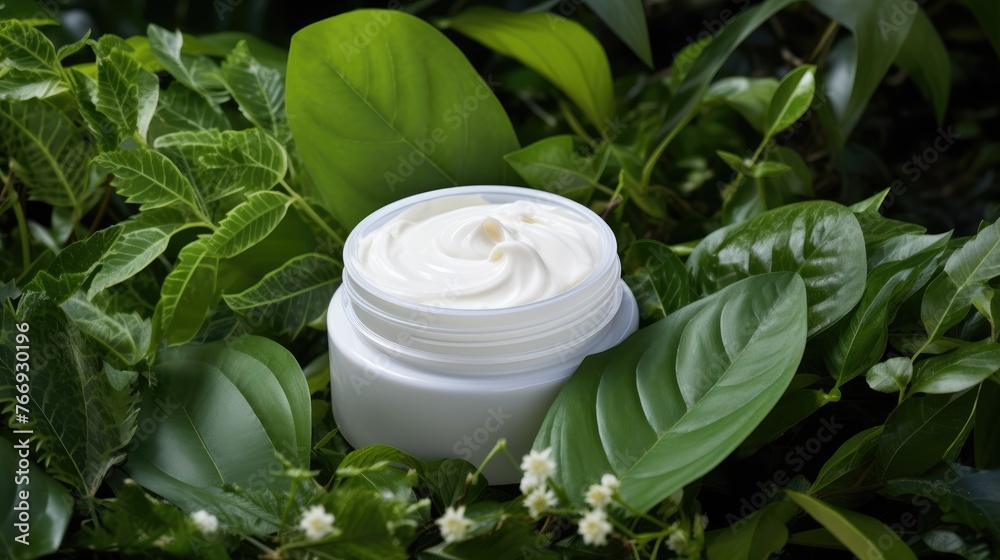 A cosmetic skin care cream among green leaves and white flowers, a healthy skin care concept. The concept of natural cosmetics. A cosmetic skin care cream among green leaves and white flowers, a healthy skin care concept. The concept of natural cosmetics.