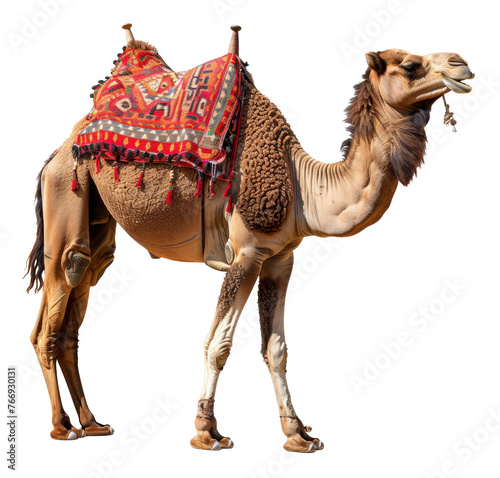 Decorated camel with traditional saddle on transparent background - stock png.