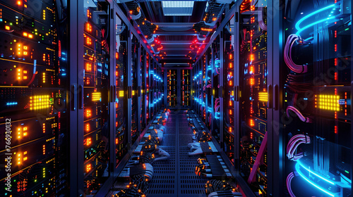 Rows of Glowing Servers with Intricate Cable Setup