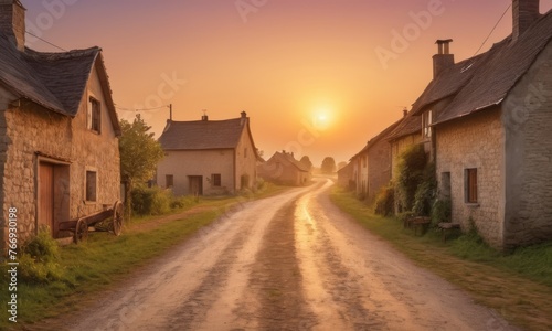 A picturesque rural road bathes in the warm glow of sunset, stretching between quaint stone houses. The golden hour brings a tranquil ambiance to this serene village scene. AI generation