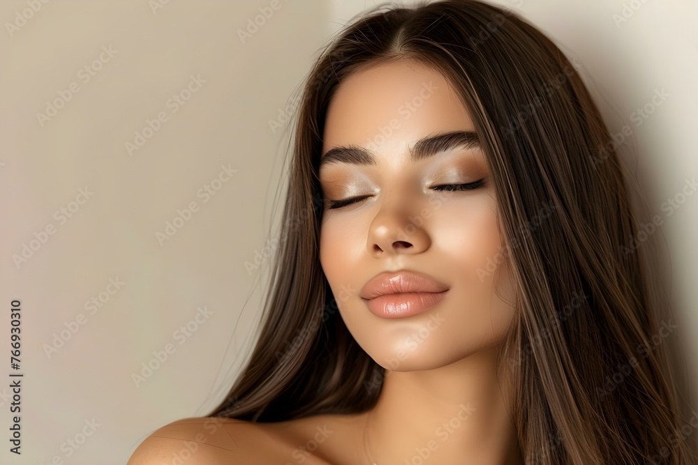 Fototapeta premium Glossy, Straight Hair Model Flaunting Smooth Style Post-Keratin Treatment at Spa. Concept Spa Treatment, Keratin Hair, Straight Style, Glossy Finish, Model Photoshoot