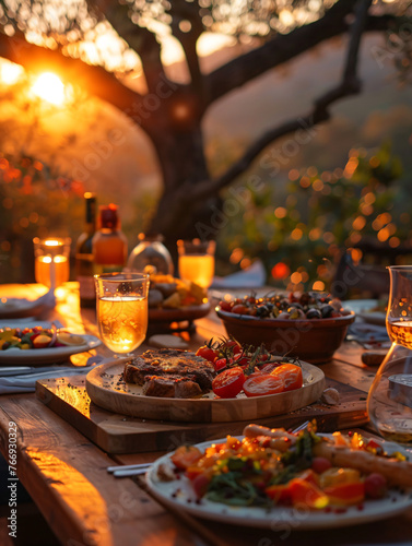 Outdoor dinner party at sunset with friends. Warm summer evening and dining alfresco concept for design and print. Sunlit festive table setting with copy space