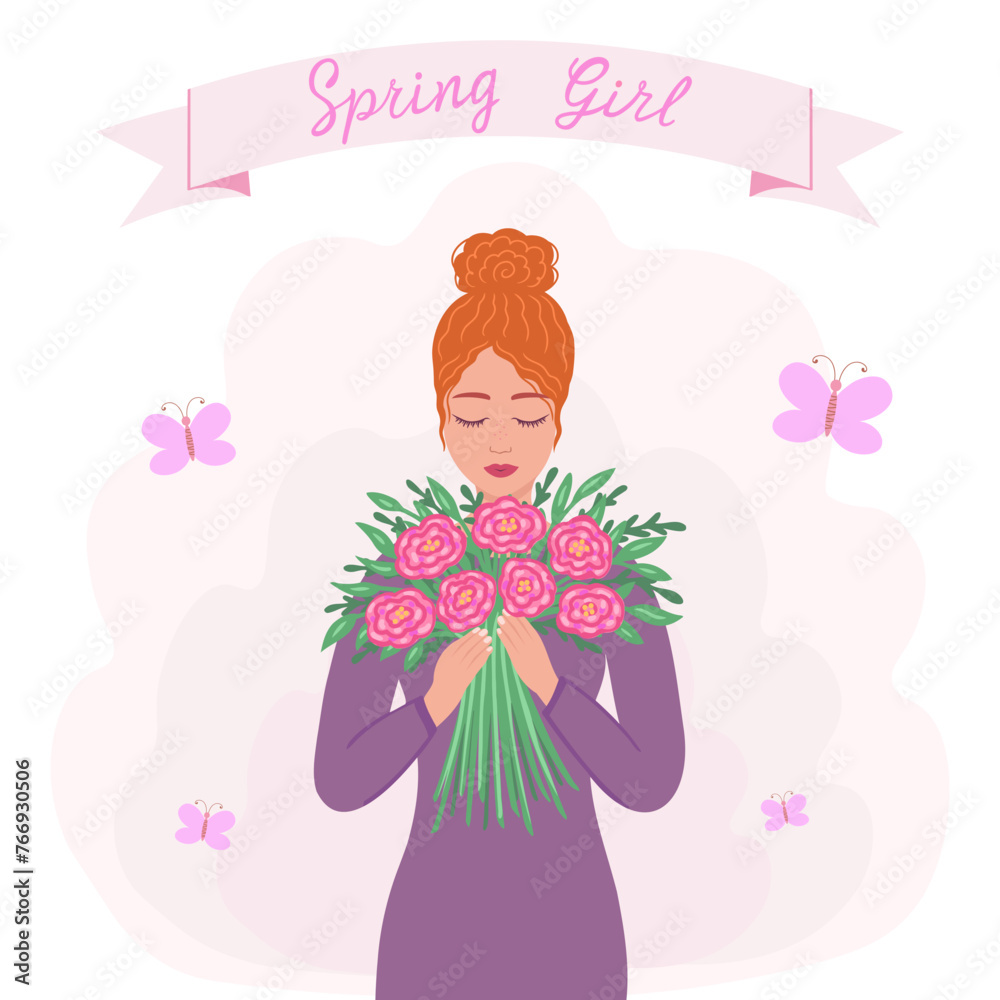 Spring girl, woman with bouquet of flowers. Vector Illustration for printing, backgrounds, covers and packaging. Image can be used for posters, stickers and textile. Isolated on white background. Spring girl, woman with bouquet of flowers. Vector Illustration for printing, backgrounds, covers and packaging. Image can be used for posters, stickers and textile. Isolated on white background.