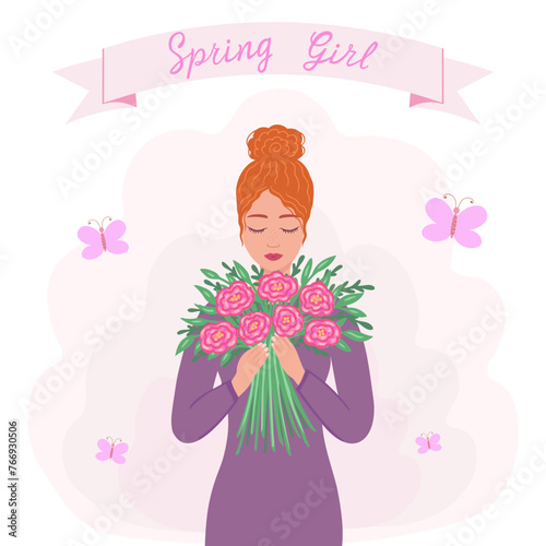 Spring girl, woman with bouquet of flowers. Vector Illustration for printing, backgrounds, covers and packaging. Image can be used for posters, stickers and textile. Isolated on white background.