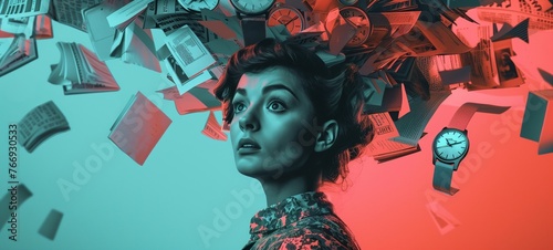 Time management concept. A surreal illustration of a young woman surrounded by flying papers and watches, representing the chaos of deadlines and the need for organization.