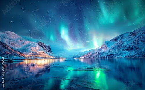 a snowy lake with snow covered mountains and a bright blue sky