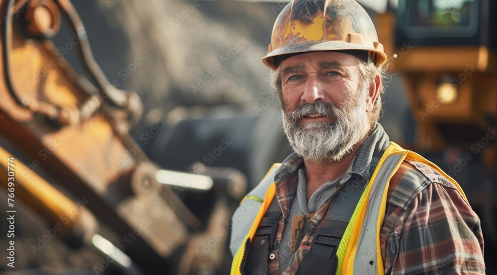 Labor workforce concept. A rugged construction worker with a greying beard, wearing overalls and a hard hat, posing in front of heavy machinery, representing the diligent spirit of skilled laborers. Labor workforce concept. A rugged construction worker with a greying beard, wearing overalls and a hard hat, posing in front of heavy machinery, representing the diligent spirit of skilled laborers.