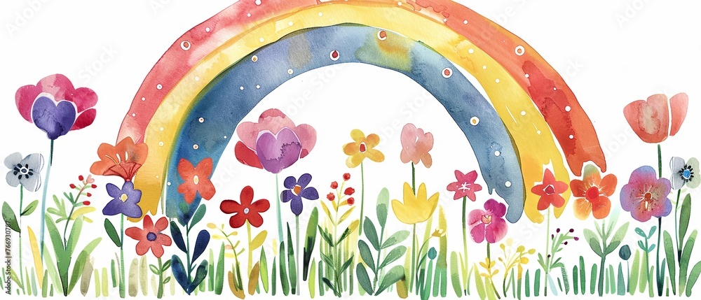 Vibrant watercolor rainbow over a field of flowers, clipart isolated, symbolizing hope and joy in nursery art