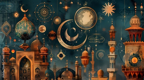 A composition of various traditional Islamic symbols surrounding the central theme of "Ramadan Mubarak."