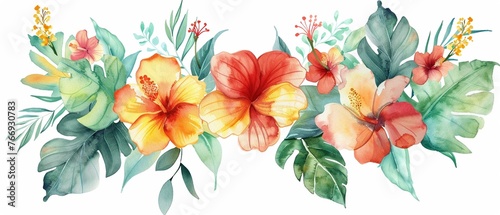 Lush watercolor tropical leaves and hibiscus  clipart isolated  for a vibrant  adventure themed nursery full of life and color