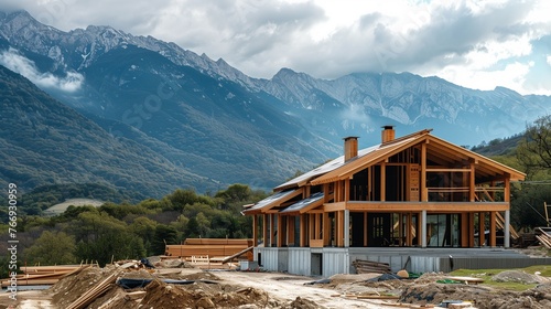 Construction of a wooden frame house in a picturesque mountain setting. The unfinished structure showcases the beautiful natural surroundings and the ongoing building process.