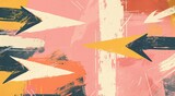 Abstract arrow concept. Bold, dynamic arrows in yellow, white, and black, pointing in different directions against a distressed pink and orange background