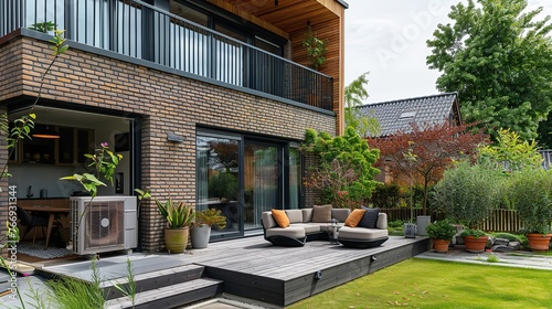 Installation of an air source heat pump in an exquisite, contemporary home summer vibe and space, Generative AI.