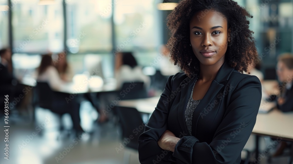 Obraz premium Portrait of young African American female looking camera standing arm crossed in front of colleagues running a business startup or new career path occupation, businesswoman lady lifestyle working