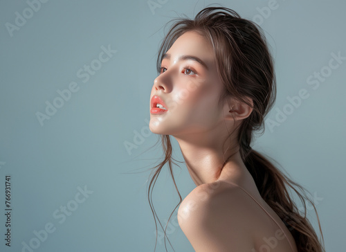 Portrait of a woman with a smiling face  light makeup  cosmetic advertising photography  fashion  beauty pictures  Generative AI